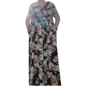 Ouges 3X Dark Floral Maxi Dress Whimsigoth Gothic Boho Pockets FLAW
